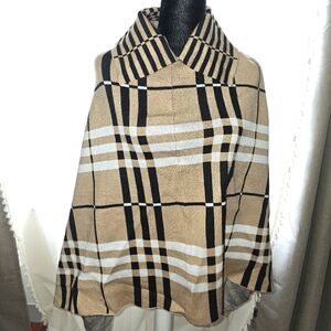 Plaid Camel and Black Poncho Shawl